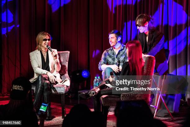 Yoshiki, Wes Borland, Lyndsey Parker and Sugizo speak during Reel to Reel: We Are X at Grammy Museum on April 18, 2018 in Los Angeles, California.
