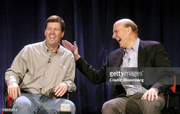 Sun Microsystems Chairman & CEO Scott McNealy, left, and Microsoft Corp CEO Steve Ballmer share a laugh at a news conference in San Francisco on...