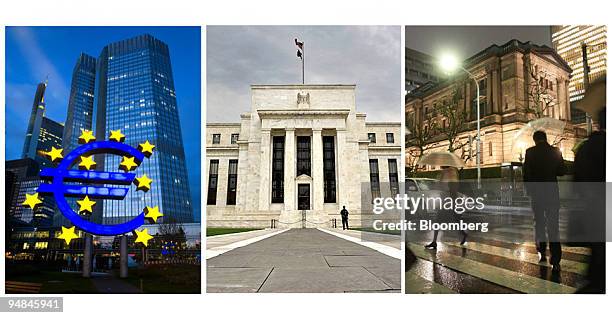 The European Central Bank in Frankfurt, Germany, on Aug. 7 left, The Federal Reserve in Washington, D.C., U.S., on Sept. 16 center, and the Bank of...