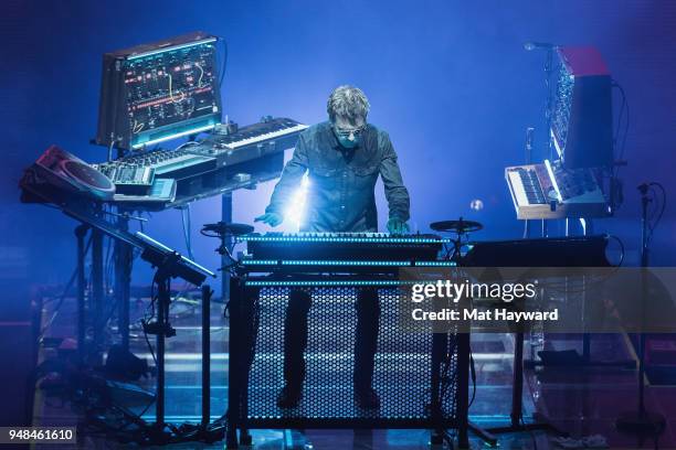 French composer, performer and record producer Jean-Michel Jarre performs on stage at Paramount Theatre on April 18, 2018 in Seattle, Washington.