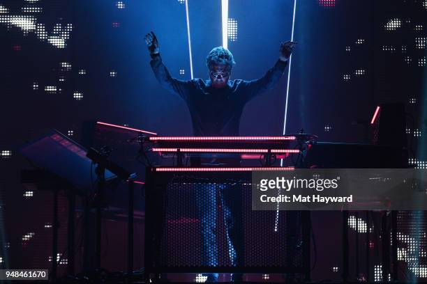 French composer, performer and record producer Jean-Michel Jarre performs on stage at Paramount Theatre on April 18, 2018 in Seattle, Washington.