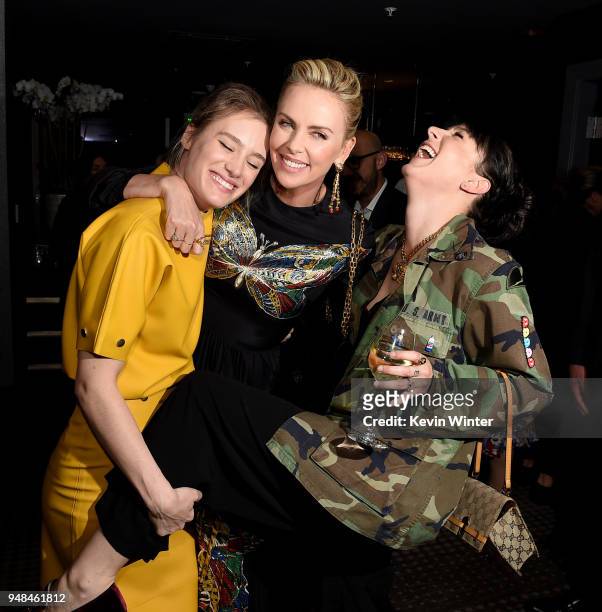 Actors Mackenzie Davis, Charlize Theron and writer Diablo Cody pose at the after party for the premiere of Focus Features' "Tully" at WP24 on April...