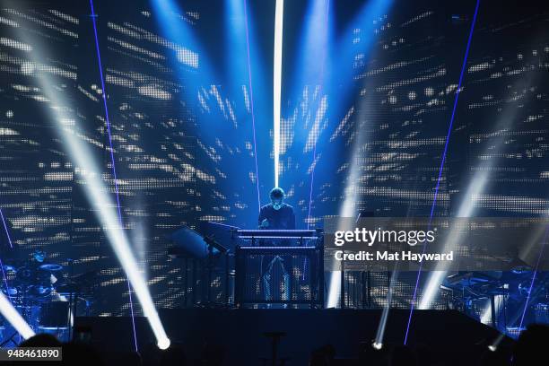 French composer, performer and record producer Jean-Michel Jarre performs on stage at Paramount Theatre on April 18, 2018 in Seattle, Washington.