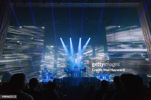 French composer, performer and record producer Jean-Michel Jarre performs on stage at Paramount Theatre on April 18, 2018 in Seattle, Washington.