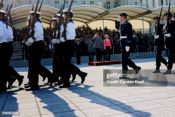 Soldiers of the Bundeswehr march past German Defense Minister Ursula von der Leyen and new Bundeswehr Chief of Staff Eberhard Zorn during a ceremony...