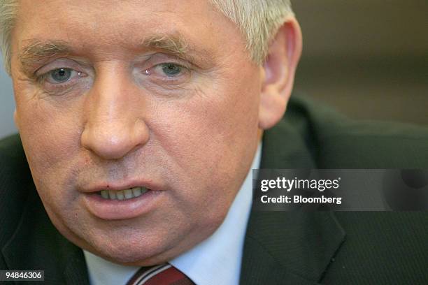 Andrzej Lepper. Leader of Samoobrona political party speaks during an interview in his office in Warsaw, Poland, Wednesday, April 14, 2004. Lepper,...