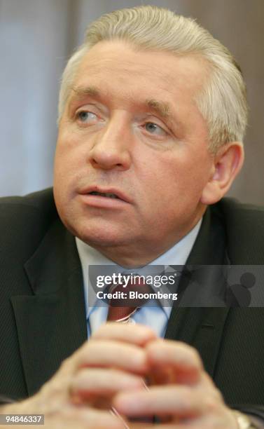 Andrzej Lepper, leader of Samoobrona political party pauses during an interview in his office in Warsaw, Poland, Wednesday, April 14, 2004. Lepper,...