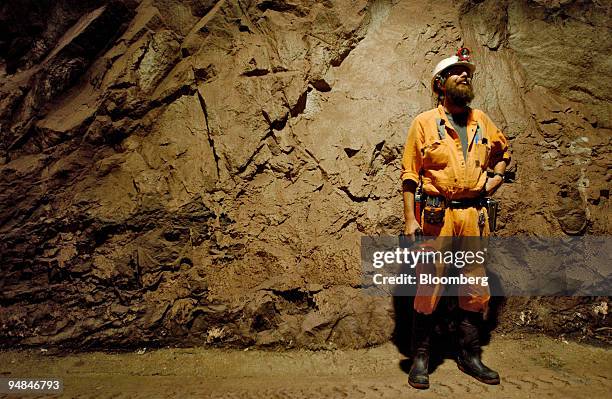 Kevin Clark, Drill and Blast Manager, has a laugh 1 kilometer below ground in WMC Resources Ltd.'s Olympic Dam copper mine in South Australia Monday,...