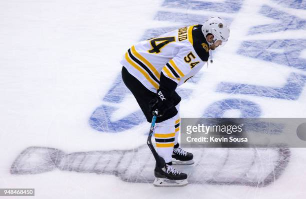 Adam McQuaid of the Boston Bruins during warm up before a game against the Toronto Maple Leafs in Game Three of the Eastern Conference First Round...