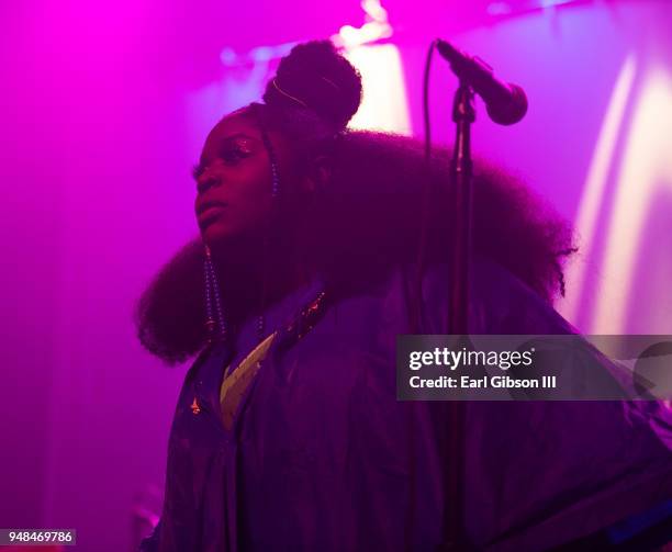 Lead singer Tarriona "Tank" Ball performs with the band Tank And The Bangas at The Fonda Theatre on April 18, 2018 in Los Angeles, California.