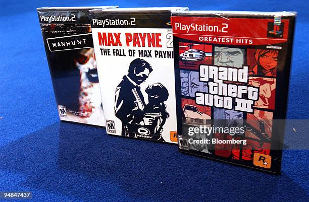 Video games "Manhunt", "Max Payne 2" and "Grand Theft Auto III" are displayed for a photograph at an electronics store in New York, April 14, 2004....