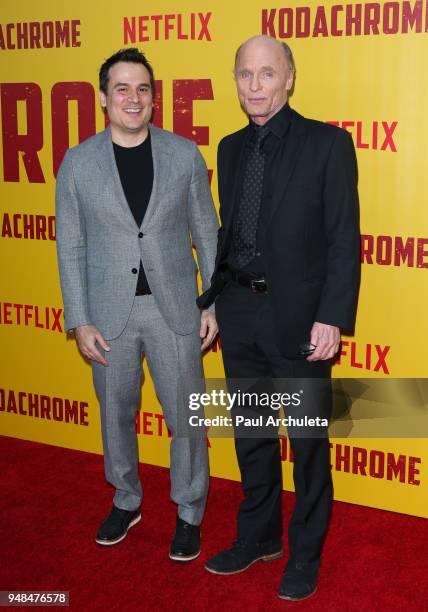Director Mark Raso and Actor Ed Harris attend the premiere of Netflix's "Kodachrome" at ArcLight Cinemas on April 18, 2018 in Hollywood, California.