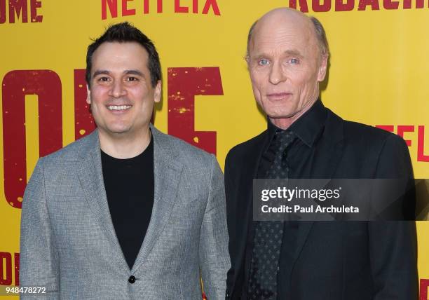 Director Mark Raso and Actor Ed Harris attend the premiere of Netflix's "Kodachrome" at ArcLight Cinemas on April 18, 2018 in Hollywood, California.