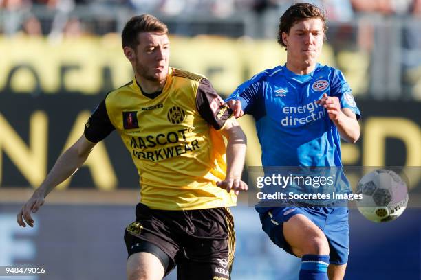 Patrick Banggaard of Roda JC, Sam Lammers of PSV during the Dutch Eredivisie match between Roda JC v PSV at the Parkstad Limburg Stadium on April 18,...