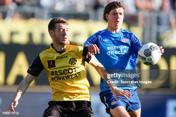 Patrick Banggaard of Roda JC, Sam Lammers of PSV during the Dutch Eredivisie match between Roda JC v PSV at the Parkstad Limburg Stadium on April 18,...