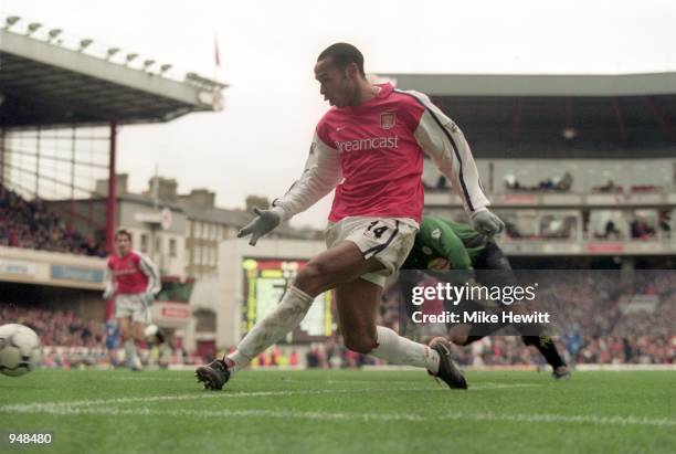 Thierry Henry completes his hat-trick for Arsenal during the FA Carling Premier League match against Leicester City played at Highbury in London....
