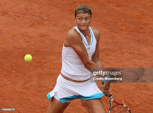 Dinara Safina of Russia keeps her eye on the ball as she returns it to Elena Dementieva of Russia during their quarter final match at the French Open...