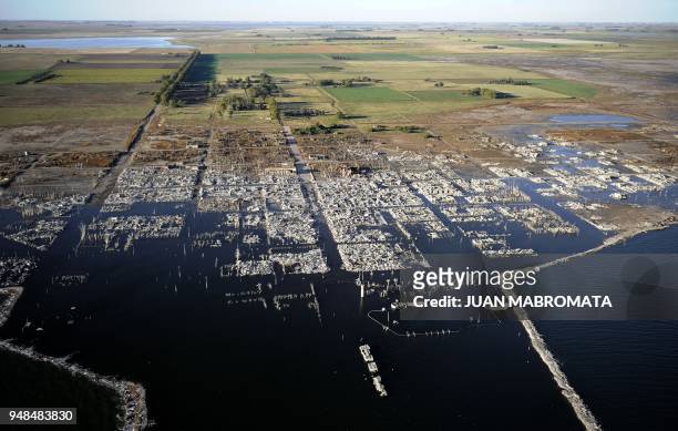 By Oscar Laski Aerial picture of Lago Epecuen village, some 600 km southwest of Buenos Aires, taken on May 3, 2011 after it remained flooded for...