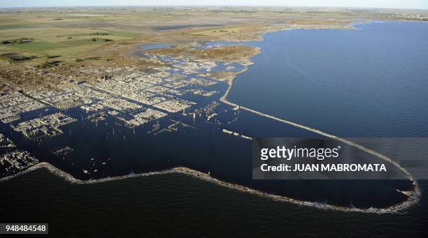 By Oscar Laski Aerial picture of Lago Epecuen village, some 600 km southwest of Buenos Aires, taken on May 4, 2011 after it remained flooded for...