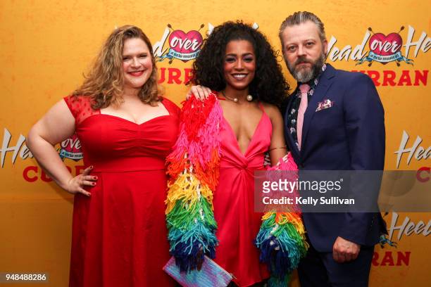Principal cast members Bonnie Milligan, Taylor Iman Jones, and Jeremy Kushnier pose for a photo on the red carpet following the Pre-Broadway Opening...