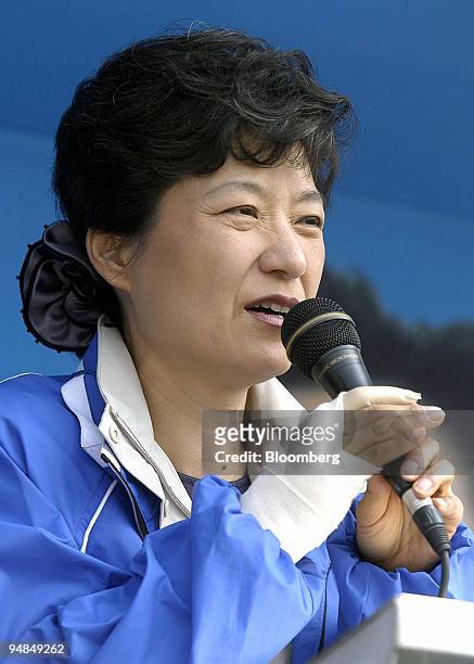The leader of South Korea's Grand National Party Park Geun-Hye speaks during a general election campaign rally in Seoul Tuesday, April 13, 2004. The...