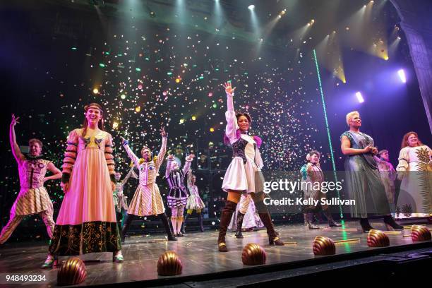 Cast members salute the audience during the curtain call for the pre-Broadway engagement of "Head Over Heels" at the Curran Theatre on April 18, 2018...