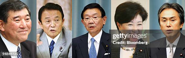 This combination photograph shows, from left to right: Shigeru Ishiba, Japan's former defense minister, in Tokyo, on Sept. 25 Taro Aso, secretary...