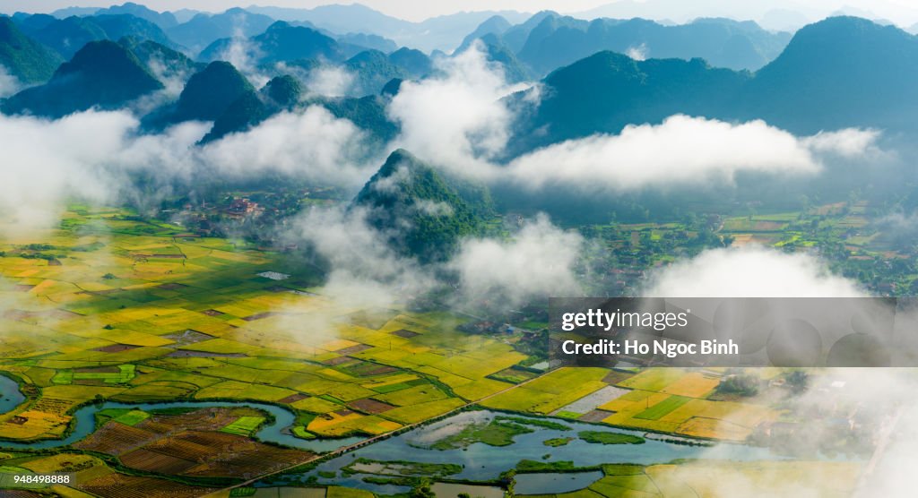 Amazing landscape rice field on Bac Son, Viet Nam, above rice terraces in a beautiful day rice field on Bac Son, Viet Nam