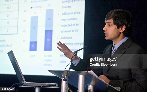 Aditya Mittal, president and chief financial officer Mittal Steel Co. Speaks at a news conference at the Four Seasons Hotel on Park Lane, London,...