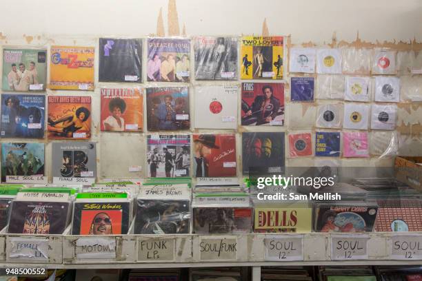 Large selection of soul music at Alans Records, a long standing and collectors favourite, in East Finchley on the 27th March 2018 in North London,...