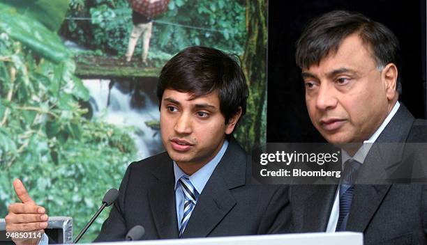 Aditya Mittal, president and chief financial officer, left and Lakshmi Mittal, chairman and chief executive officer Mittal Steel Co., are seen at a...