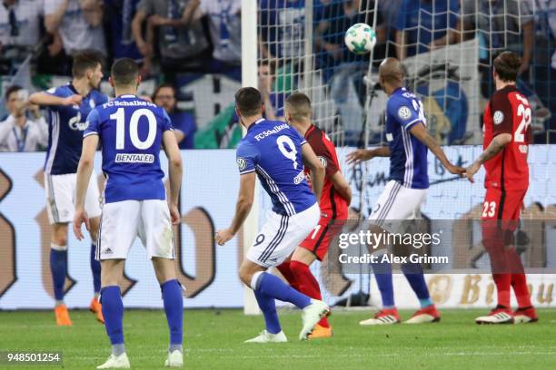 Franco di Santo of Schalke scores a disallowed goal during the DFB Cup Semi Final match between FC Schalke 04 and Eintracht Frankfurt at...