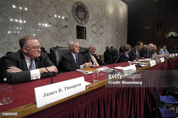 The National Commission on Terrorist Attacks listens to the testimony of U.S. National Security Advisor Condoleezza Rice in Washington, DC, April 8,...