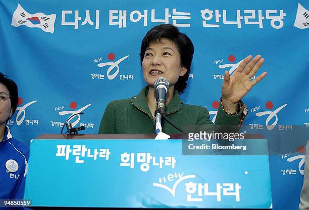 Grand National Party Chairwoman Park Geun Hye speaks during the general election campaign at their headquarters in Seoul, Korea, Thursday, April 8,...