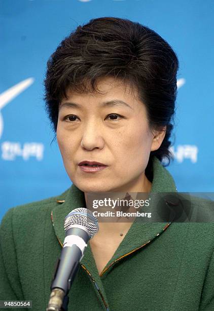 Grand National Party Chairwoman Park Geun Hye speaks during the general election campaign at their headquarters in Seoul, Korea, Thursday, April 8,...