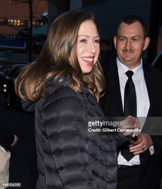 Chelsea Victoria Clinton leaving The Daily Show with Trevor Noah on April 18, 2018 in New York City.