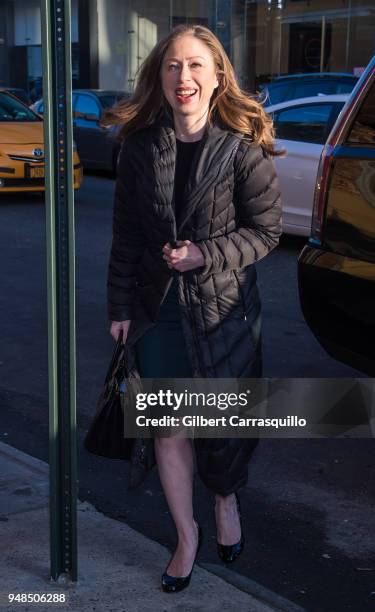 Chelsea Victoria Clinton arrives to The Daily Show with Trevor Noah on April 18, 2018 in New York City.