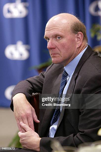 Steve Ballmer, CEO, Microsoft Corp. Listens to his introduction before speaking at the Center for Strategic and International Studies, in Washington,...