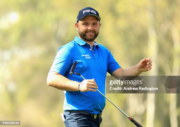 Andy Sullivan of England is seen on the 17th hole during Day One of the Trophee Hassan II at Royal Golf Dar Es Salam on April 19, 2018 in Rabat,...