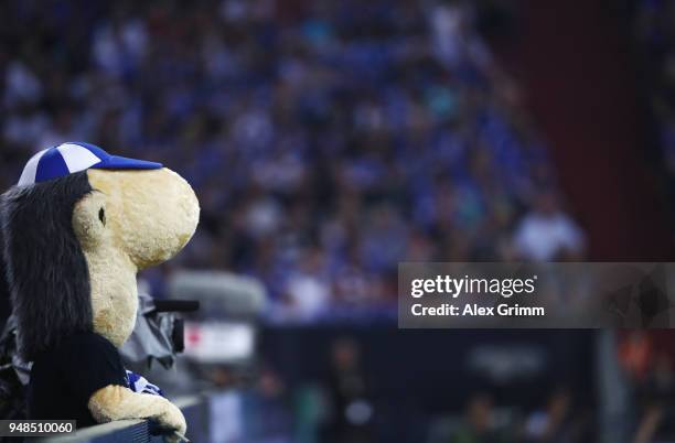 Mascot 'Erwin' of Schalke during the DFB Cup Semi Final match between FC Schalke 04 and Eintracht Frankfurt at Veltins-Arena on April 18, 2018 in...