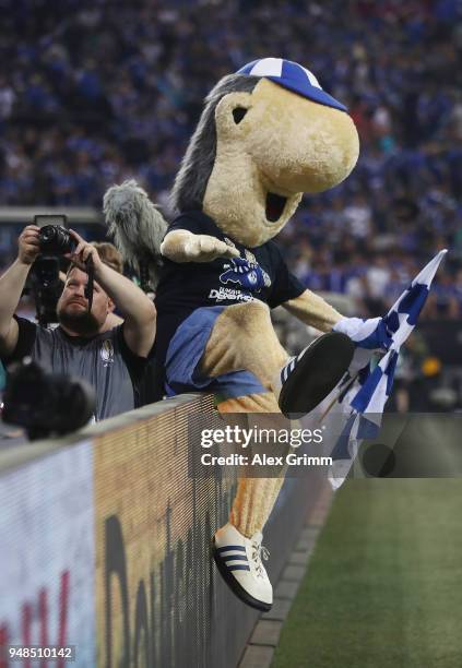 Mascot 'Erwin' of Schalke during the DFB Cup Semi Final match between FC Schalke 04 and Eintracht Frankfurt at Veltins-Arena on April 18, 2018 in...