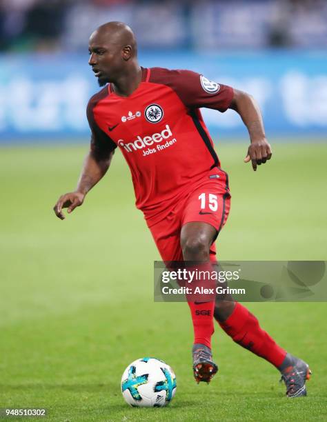 Jetro Willems of Frankfurt controls the ball during the DFB Cup Semi Final match between FC Schalke 04 and Eintracht Frankfurt at Veltins-Arena on...