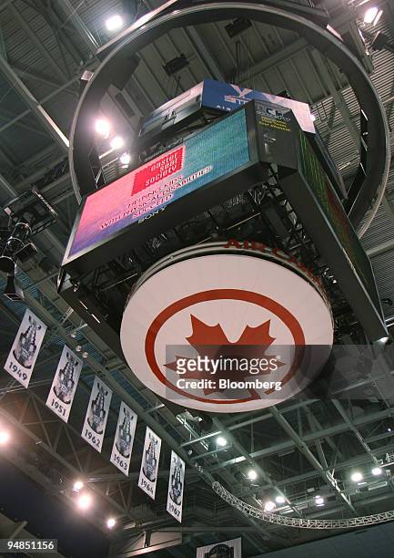 The Air Canada Centre's scoreboard with the "Roundel" promoting Air Canada is pictured during a fund-raising charity skate December 2, 2004 in...