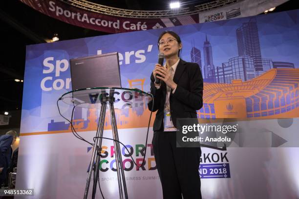 The International Business Manager of 'Yutang Sports', Zhang Tingting speaks at the 'Speakers' Corner' on Sports audience in China through Chinese...