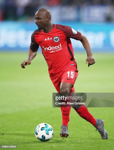 Jetro Willems of Frankfurt controls the ball during the DFB Cup Semi Final match between FC Schalke 04 and Eintracht Frankfurt at Veltins-Arena on...
