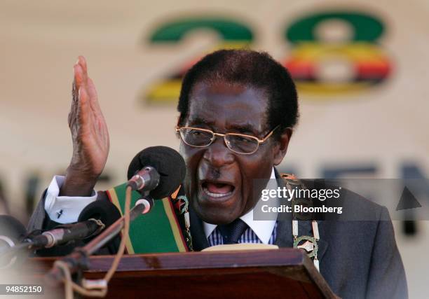 Robert Mugabe, Zimbabwe's President, gestures as he speaks during the 28th Independence celebrations in the Highfield suburb of Harare, Zimbabwe, on...