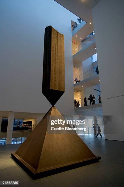 The Barnett Newman sculpture 'Broken Obelisk,' sits in the Donald B. And Catherine C. Marron Atrium during a press preview of The Museum of Modern...