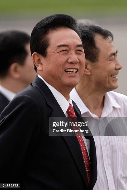 Chen Yunlin, president of the Association for Relations Across the Taiwan Straits, arrives for a news conference at Beijing Capital International...