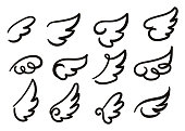Angel wings sketch set. Hand drawn collection of wings isolated on white background.