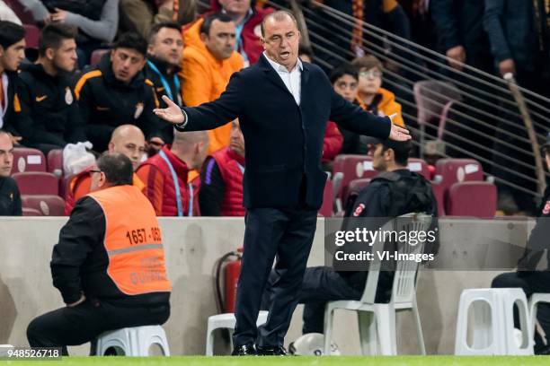 Coach Fatih Terim of Galatasaray SK during the Ziraat Turkish Cup match Fenerbahce AS and Akhisar Belediyespor at the Sukru Saracoglu Stadium on...